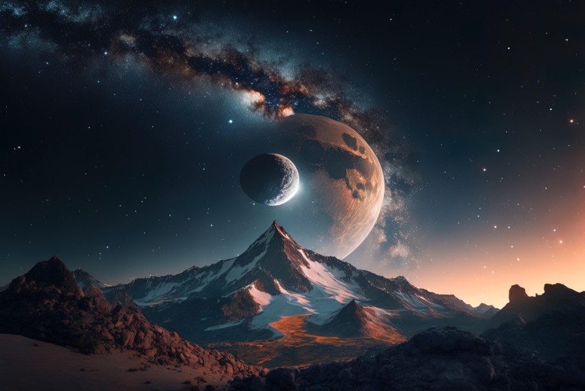 Dark and Iconic Mountain Backdrop with Planet and Moon | Photorealistic Fantasy