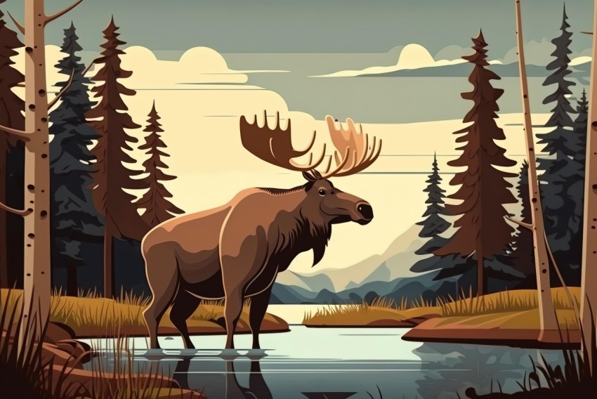 Moose Standing by Mountain Lake in Colored Cartoon Style