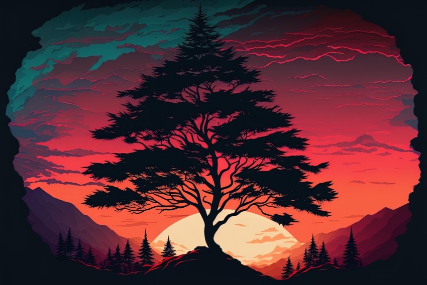Hyper-Detailed Sunset Landscape with Tree and Mountains