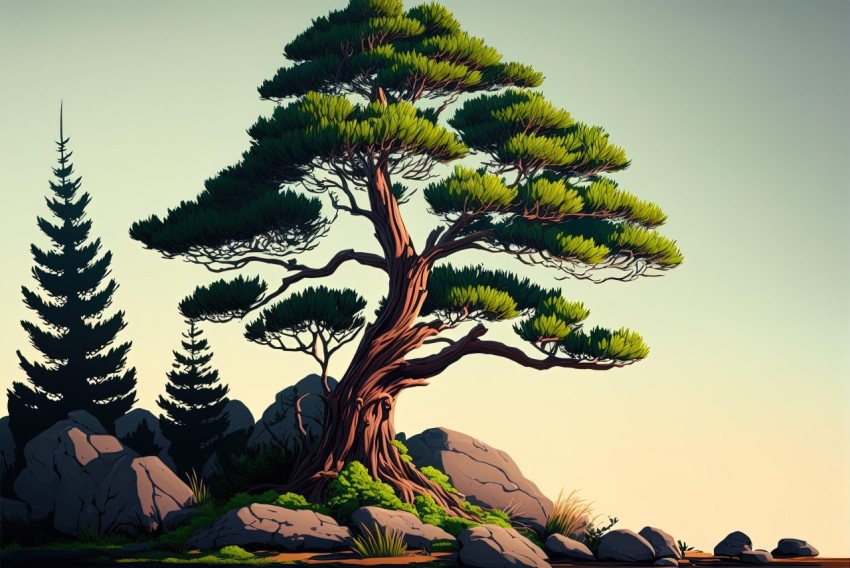 Stylized Realism: Pine Tree on Rock in Vibrant Landscape