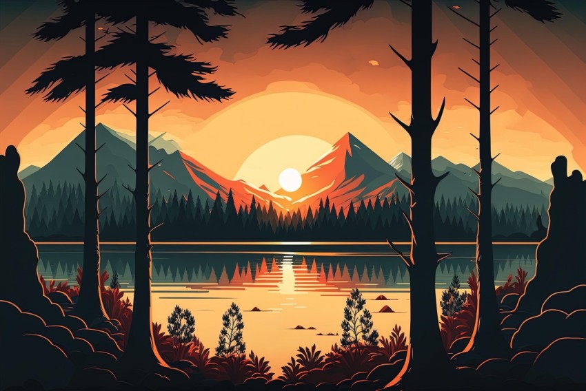 Illustration of Sunset Landscape in the Mountains | Vintage Poster Design