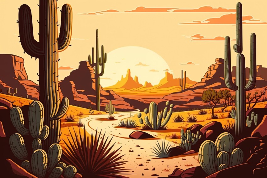 Colorful Desert Landscape with Cactus | Vintage Poster Design
