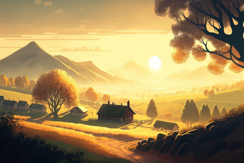 Mountain Landscape at Sunset | Graphic Novel Inspired Illustration