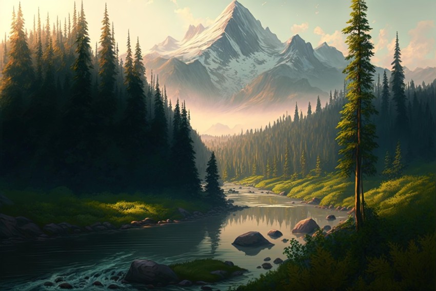 Serene Forest with Majestic Mountains and Flowing River - Digital Painting