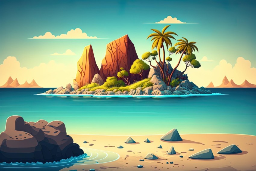 Cartoon Landscape of Island with Rocks and Palm Trees | Ocean Academia Theme