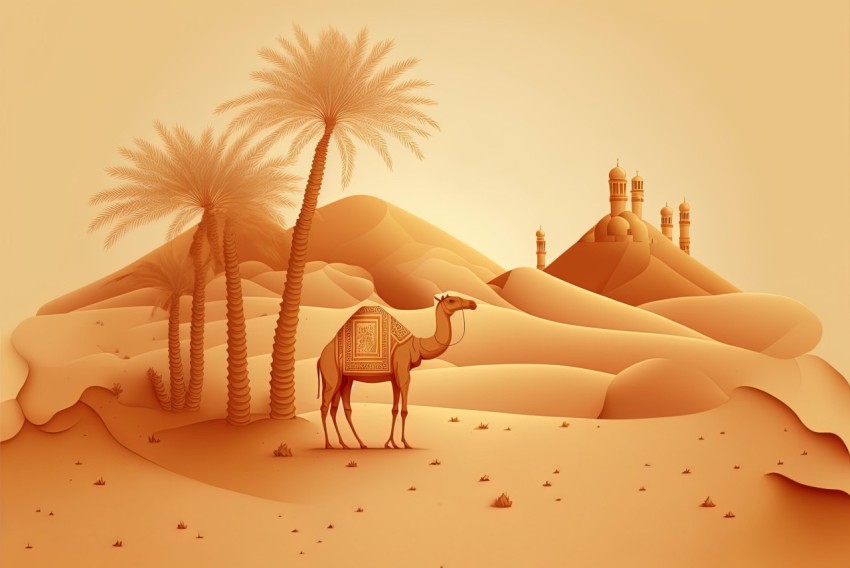 Detailed Illustration of Camel in Desert with Palm Tree and Mountains