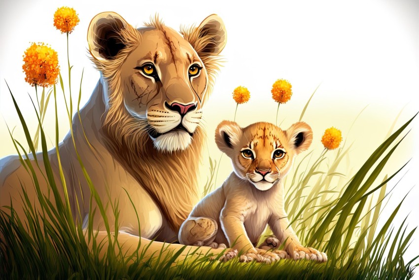 Baby Lion Sitting in Grass - Highly Detailed Illustrations
