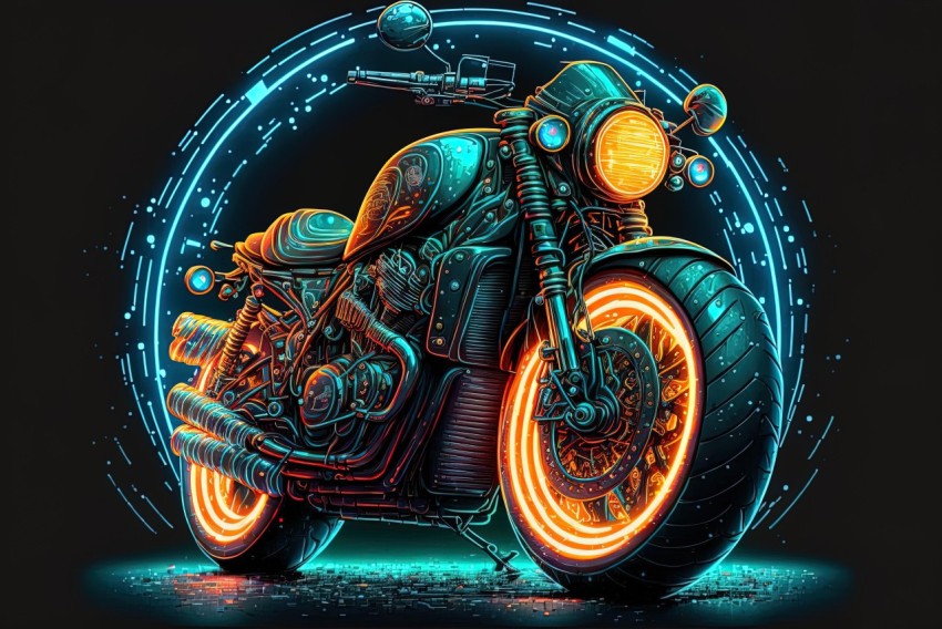 Neon Motorcycle Illustration with Highly Detailed Figures