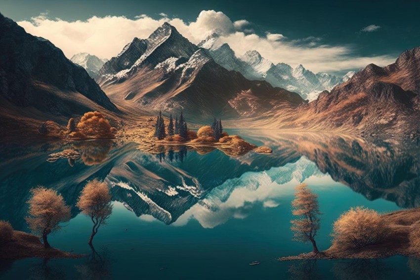 Stunning Mountain Scene with Lake Reflections in Dark Turquoise and Amber