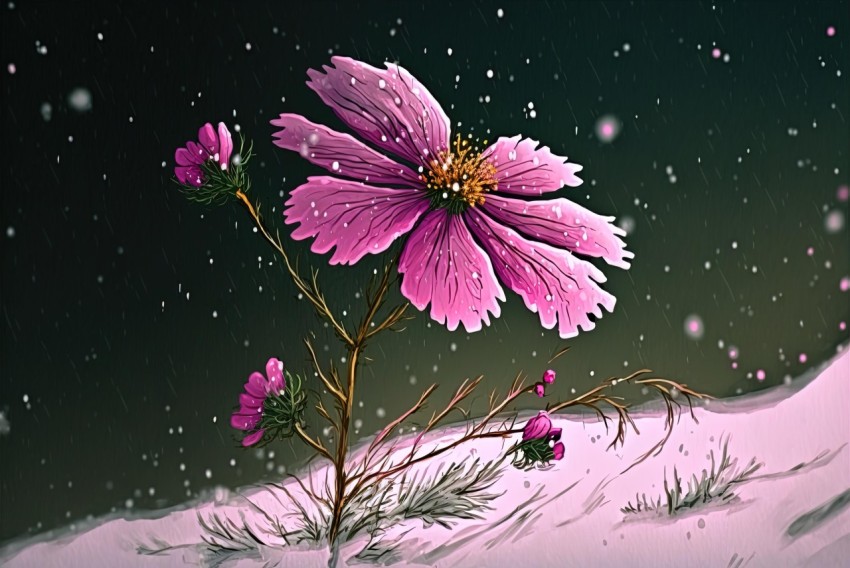 Pink Flower in Snow | Surrealistic Cartoon Style