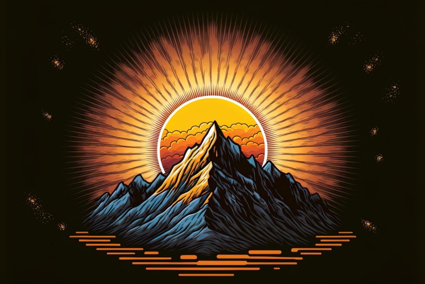 Mountain Sunrise Illustration - Symbolic Elements in Psychedelic Style