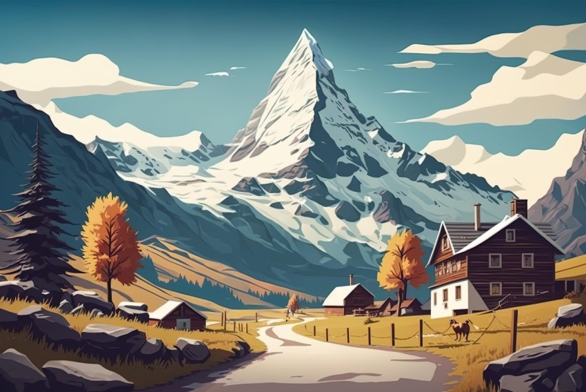 Serene Mountain Landscape with Vintage Poster Aesthetic