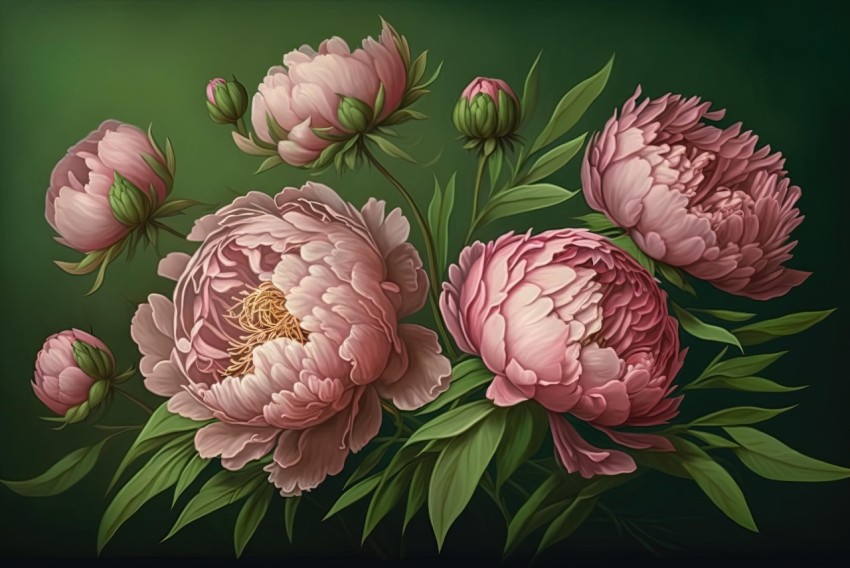 Captivating Peonies on Dark Green Background - Realistic and Hyper-Detailed Renderings