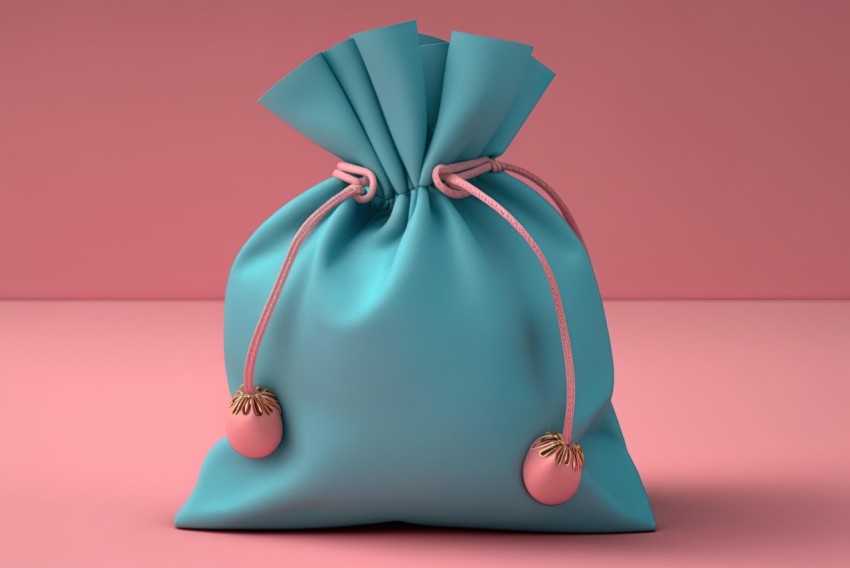 Blue Drawstring Bag with Pink Hanging Charm on Pink Background - Daz3d Style