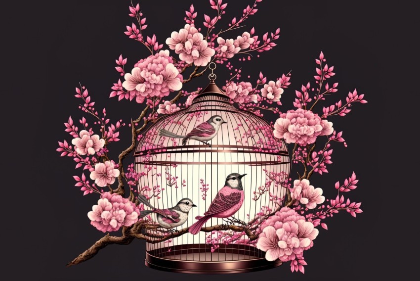 Realistic Chiaroscuro Illustration of Birds on a Birdcage near a Pink Cherry Tree
