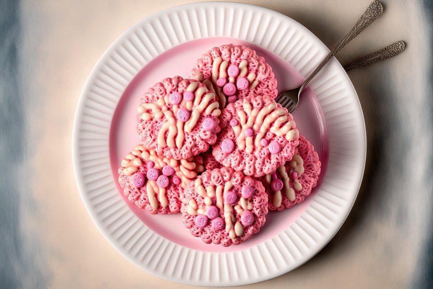 Pink Rice Cookies on Plate - Surrealist-Inspired Molecular Structures