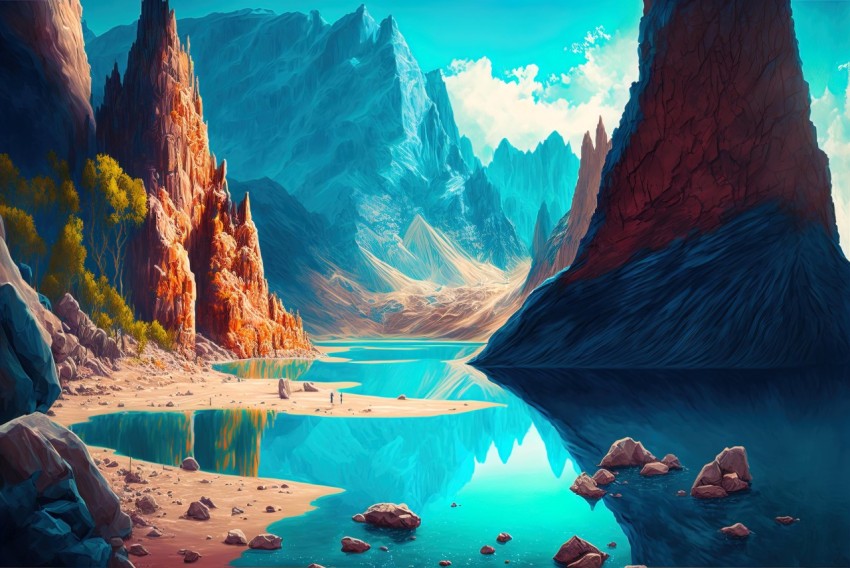 Hyper-Detailed Illustration of Mountains and Waterway in Cyan and Amber