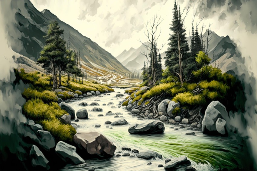 Serene Landscape Painting of a River in Green Mountains