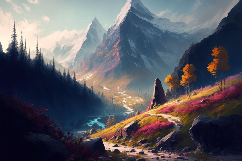Serene Mountain Valley Landscape | Vibrant Colors | Nature Scene