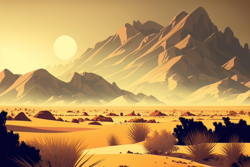 Desert Landscape Vector Illustration | Ray Tracing Style