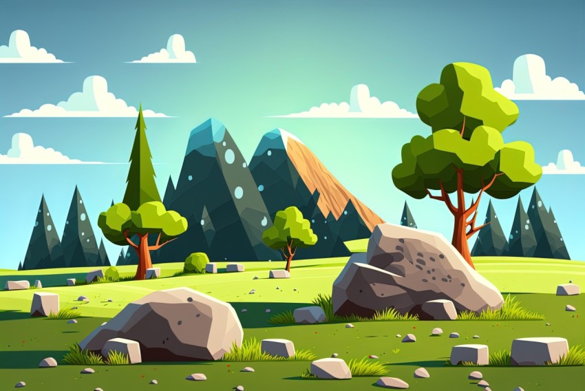 Cartoon Landscape with Rocks, Trees, and Mountains - Faceted Shapes and Vibrant Colors