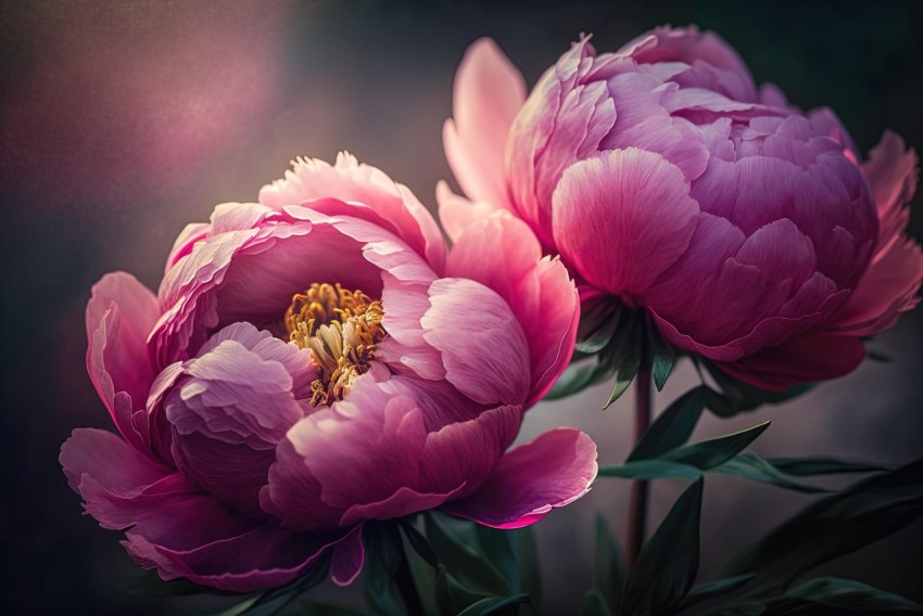 Realistic and Hyper-Detailed Pink Peonies Blooming in Dark Background