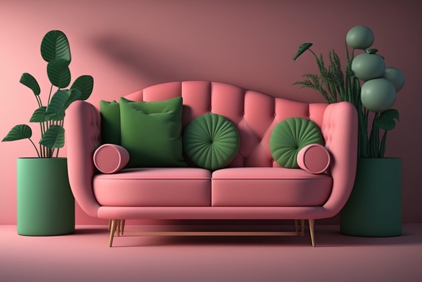 Pink Sofa Setting with Quirky Details and Whimsical Illustrations