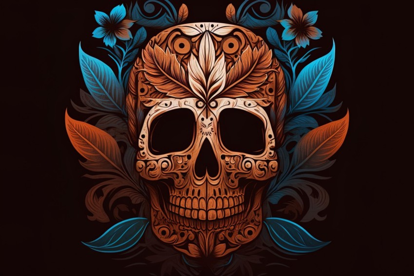 Intricate Skull Design with Orange and Blue Leaves on Black Background