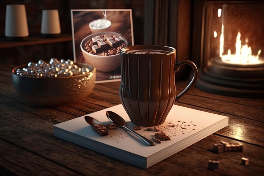 Hawaiian Chocolate Mug on Wooden Table beside Fireplace | Photorealistic Surrealism