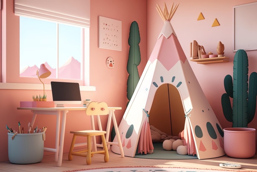 Charming Child-Friendly Room with Teepee, Desktop, and Cactus