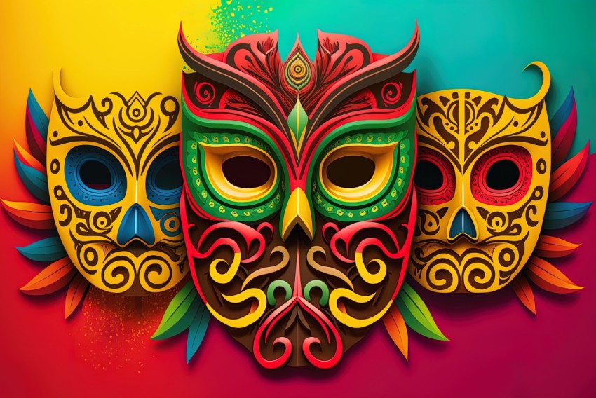 Colorful Masks on Vibrant Background | Intricate Cut-Outs | Indian Pop Culture