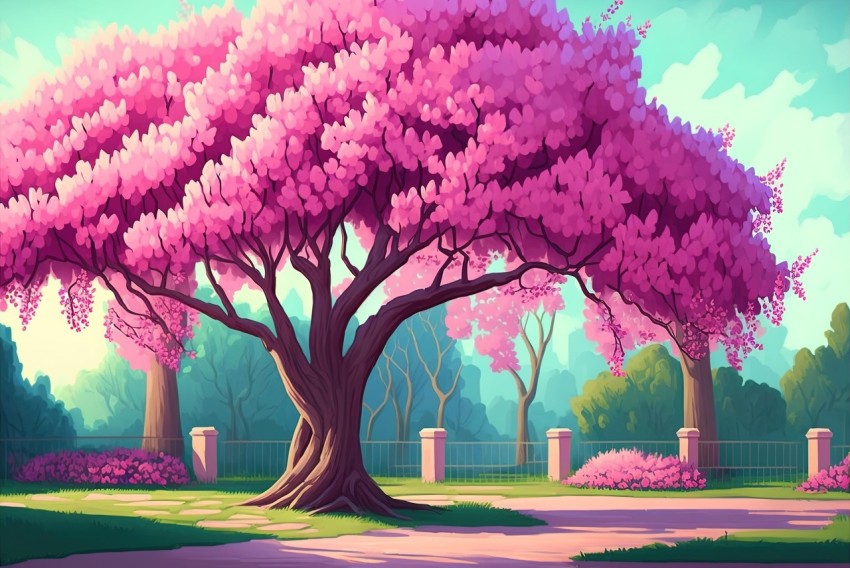 Pink Tree Illustration in City Park | Cartoon Realism