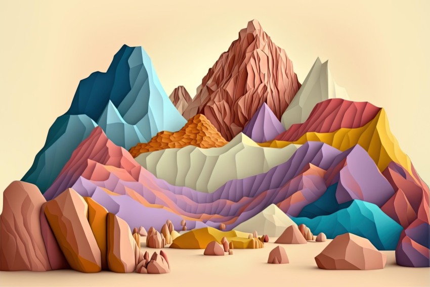Colorful High Poly Mountain Landscape - Organic Forms