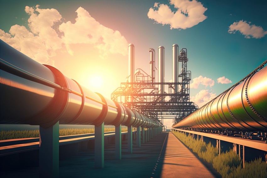 Industrial Sunrise: A Perspective Rendering of an Oil Pipeline
