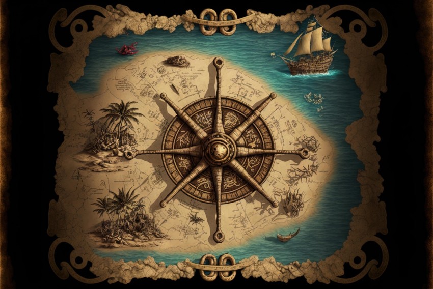 Pirate Ship in Antique World Map with Nautical Pictures | 2D Game Art
