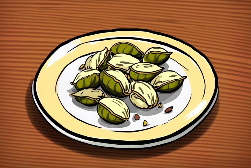 Colored Cartoon Style Plate with Green Hazelnut Nutlets