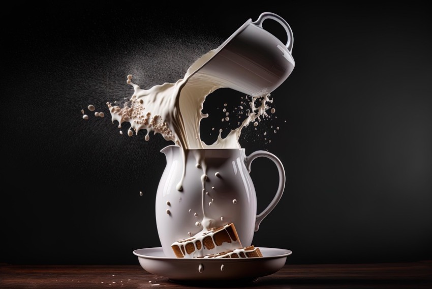 White Jug Pouring Milk on Dark Background - Clever and Humorous Composition