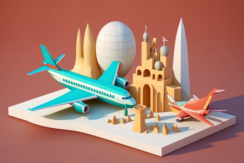 Tabletop with Airplanes and Towns in Cinema4D Style