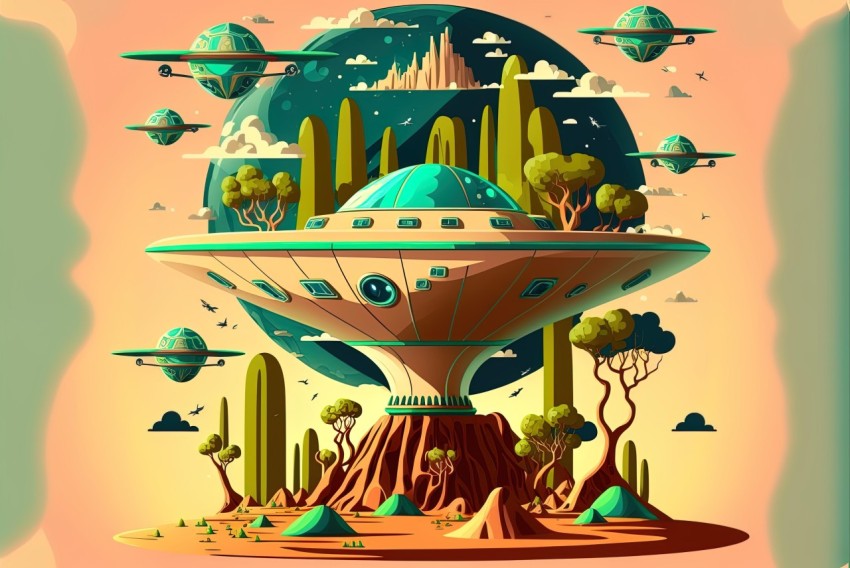 Art Nouveau-Inspired UFO Illustration in Desert | Colorful Landscape
