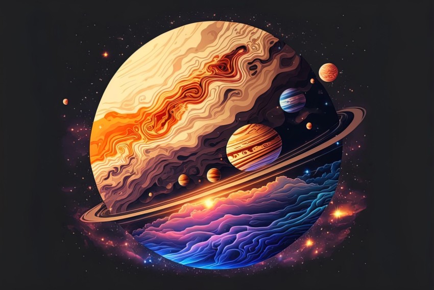 Saturn and Planets in Outer Space - Psychedelic Landscape Illustration