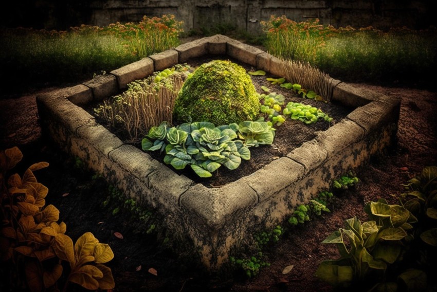 Stone Garden Bed with Plants and Gravel - Photosurrealist Photorealism