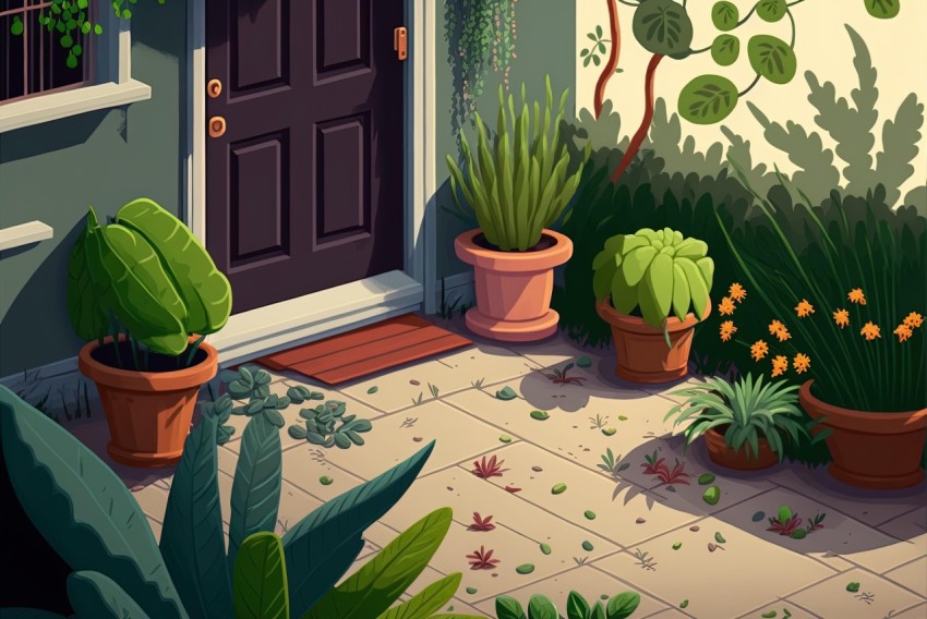Charming Cartoonish Chaos: Potted Plants and Doorway in Architectural Setting