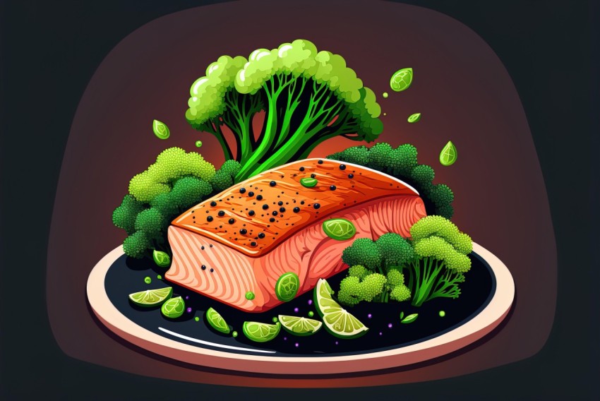 Plate of Salmon and Broccoli Illustration - Cartoon Realism with Intense Colors