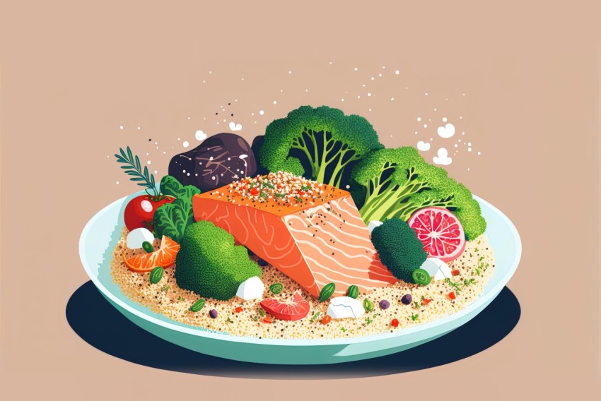 Vector Illustration: Salmon with Broccoli and Vegetables in an Otherworldly Style