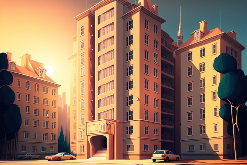 Cartoon-style Building on Street with Cars | Romantic Landscape