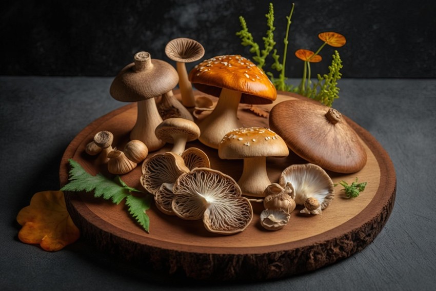 Exquisite Mushrooms Arranged on a Wooden Tray | Dark Beige and Amber