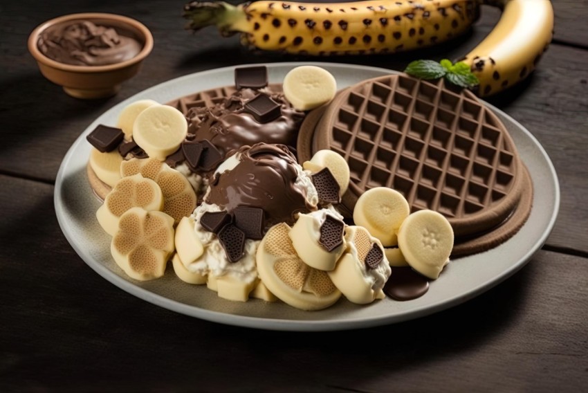Hyperrealistic Chocolate Waffles on Banana Plate | UHD Image