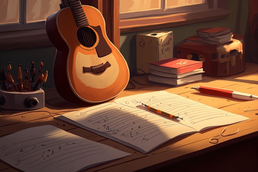 Charming Desk with Acoustic Guitar | Storybook Illustration