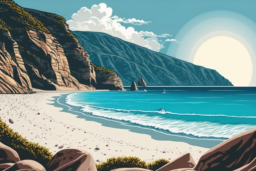Art Nouveau Beach Illustration with Sea and Mountains