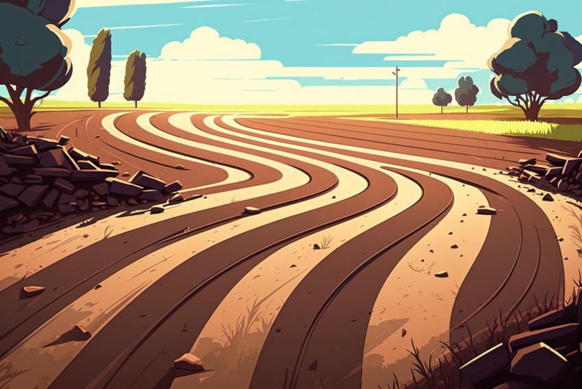 Farm Scene with Broken Grass and Dirt Road - Bold Cartoonish Illustration